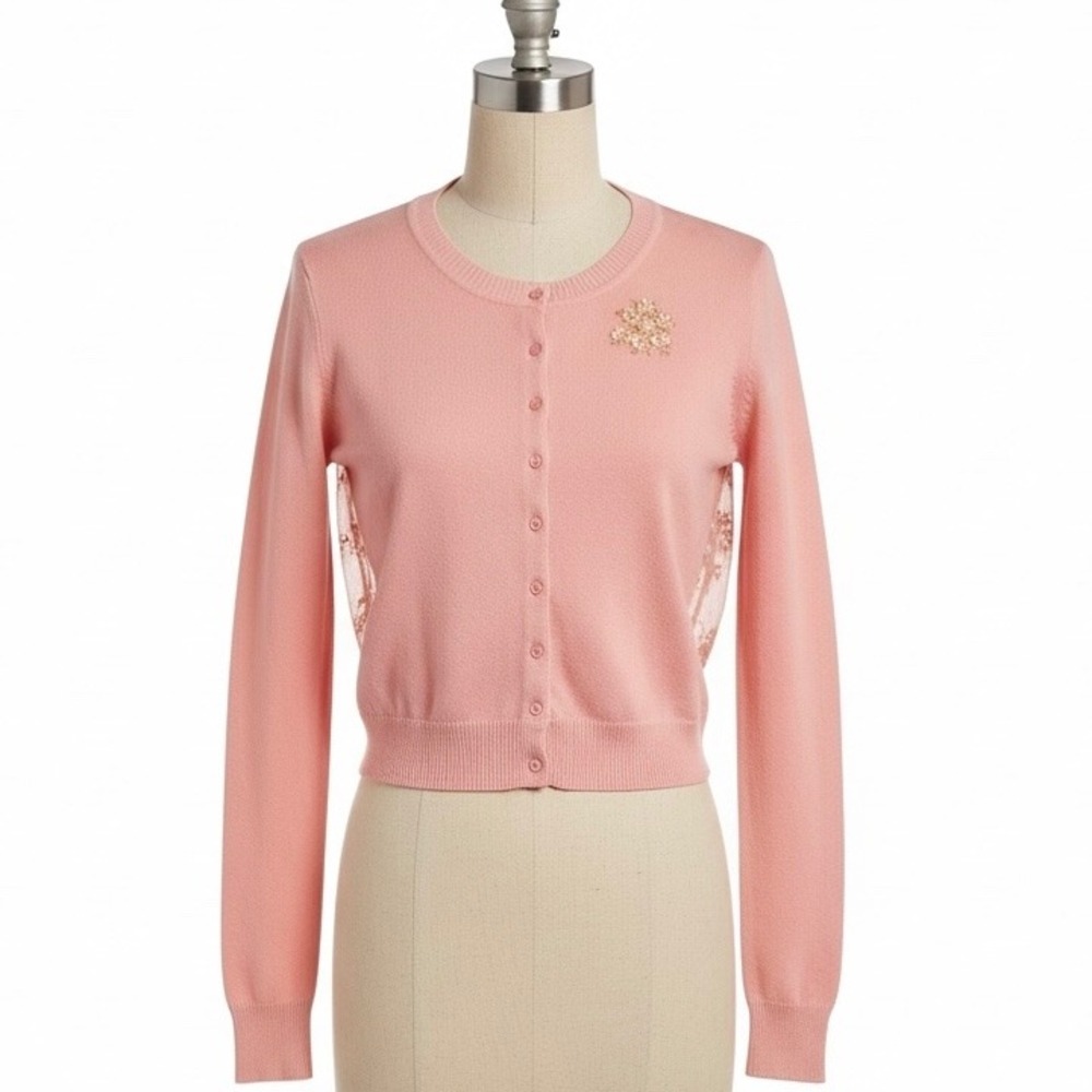 Eyeshadow Cardigan Sweater Pink Lace Back Floral Applique XL‎